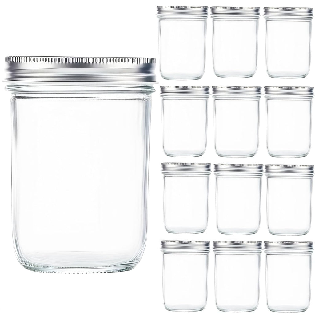 12 Pc 16 oz Wide Mouth Glass Mason Jars with Lids P93152