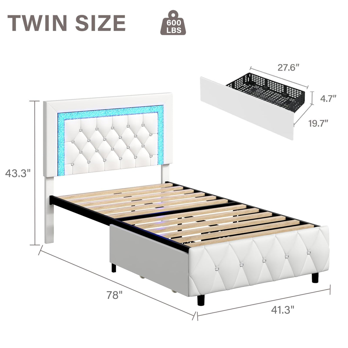 White Twin Bed Frame with Storage Drawers and LED Lights W510
