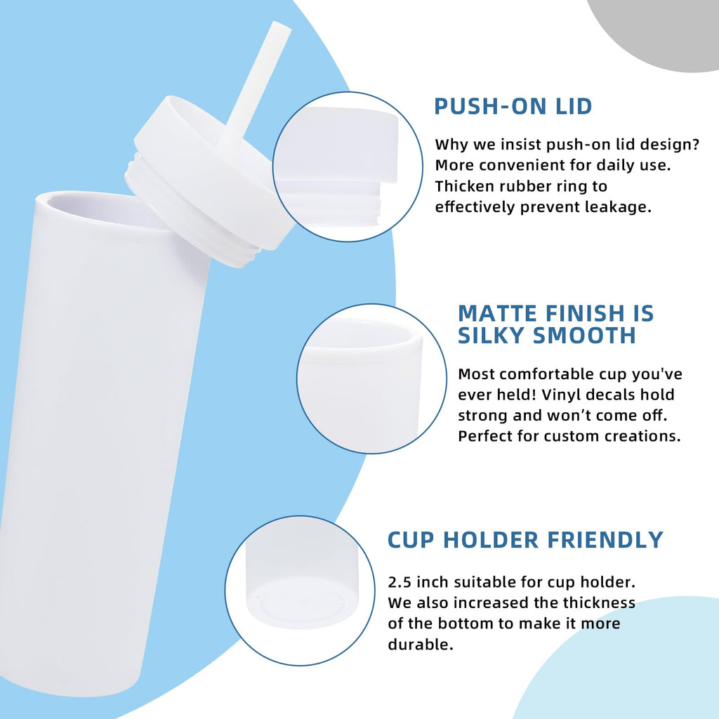 16oz Plastic Skinny Tumbler with Lid and Straw 8 Pack L3400