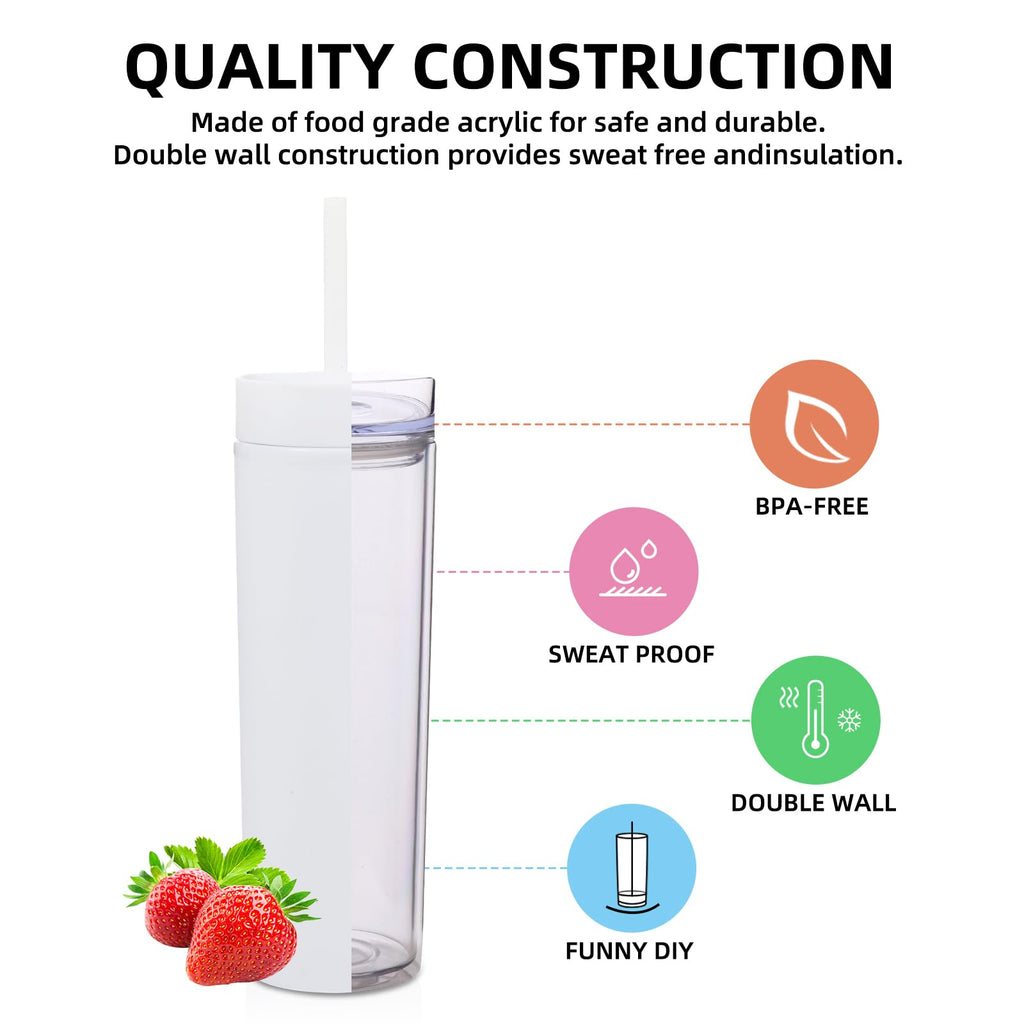 16oz Plastic Skinny Tumbler with Lid and Straw 8 Pack L3400