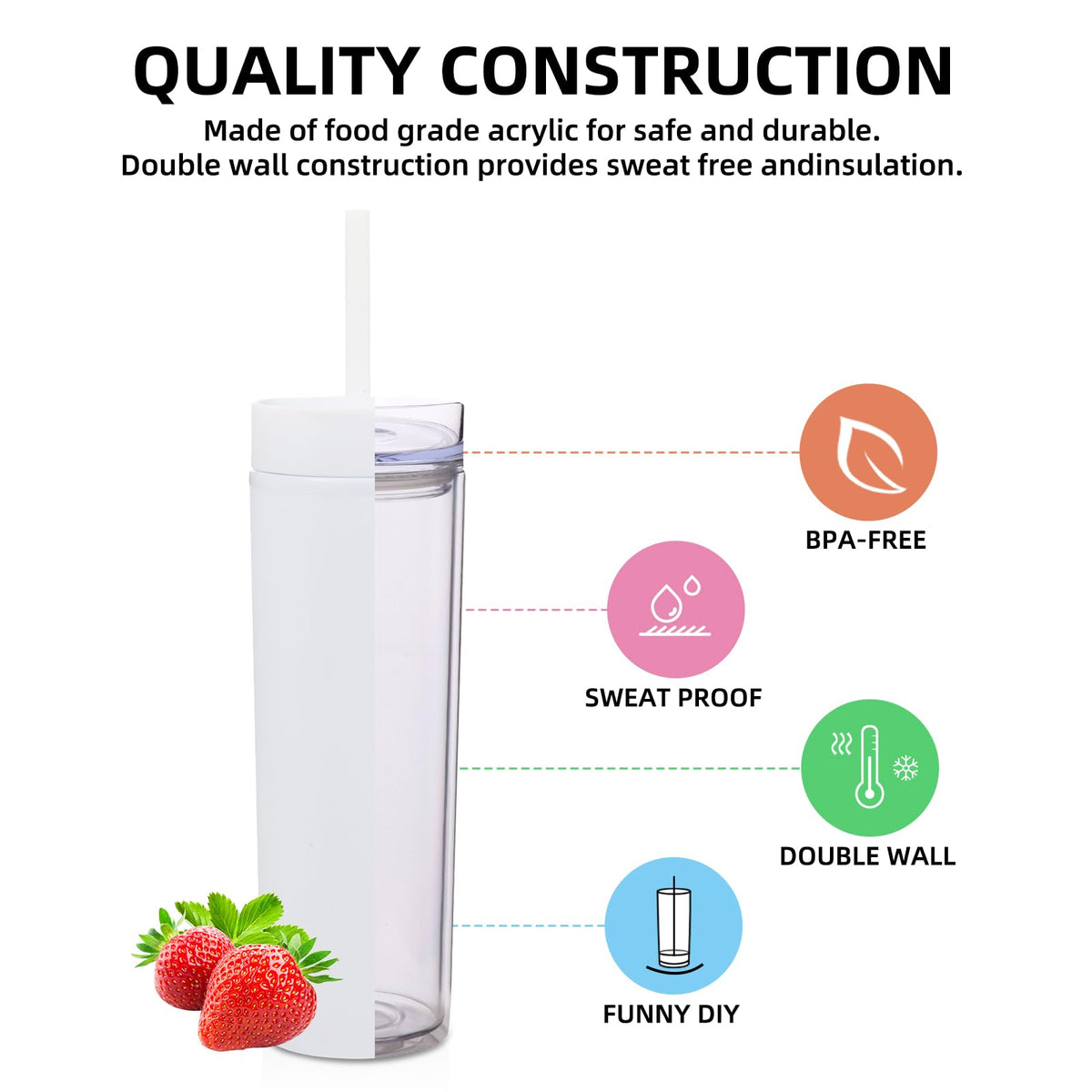 16oz Plastic Skinny Tumbler with Lid and Straw 8 Pack L3400