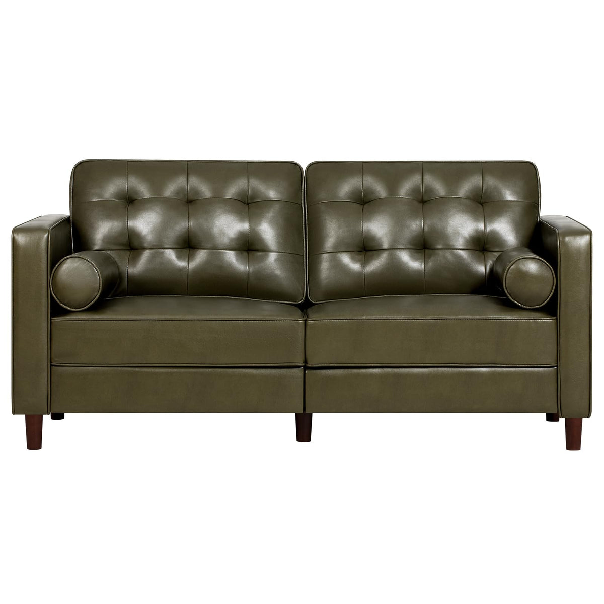 67" Olive Green Faux Leather 2-Seater Sofa with Bolster Pillows N27621