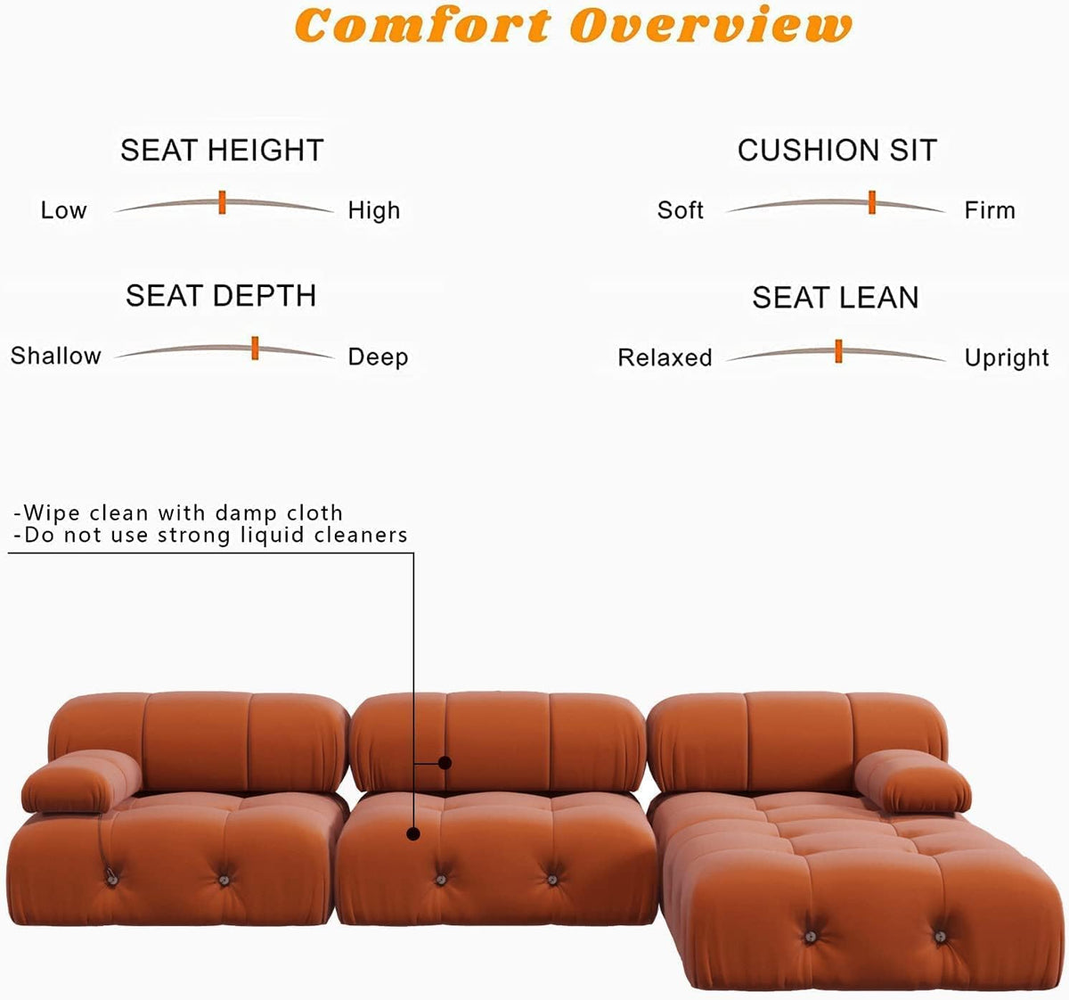 Orange Velvet L Shaped Sectional Sofa with Ottoman X370