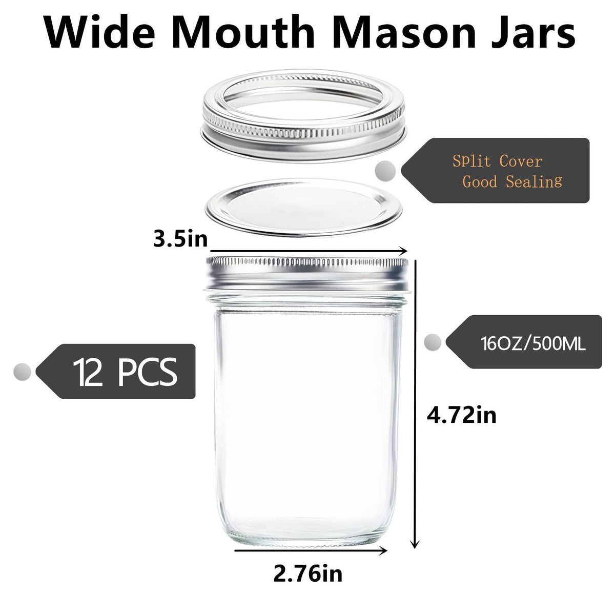12 Pc 16 oz Wide Mouth Glass Mason Jars with Lids P93152