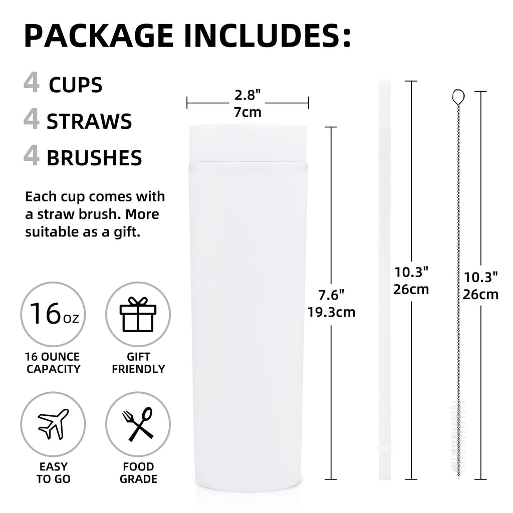 16oz Plastic Skinny Tumbler with Lid and Straw 8 Pack L3400