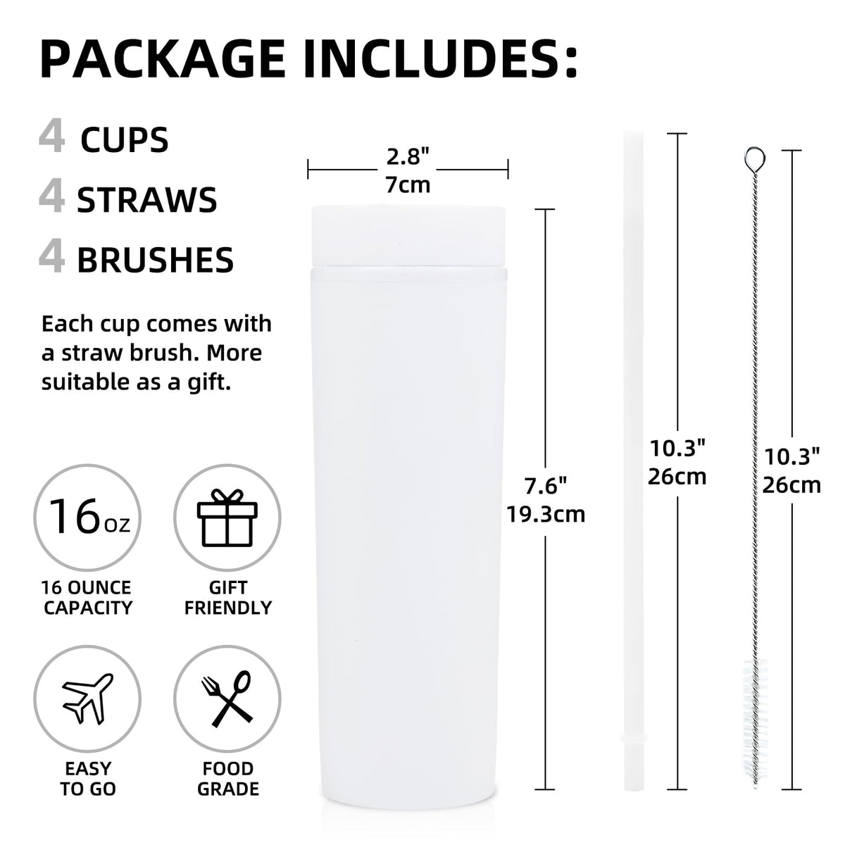 16oz Plastic Skinny Tumbler with Lid and Straw 8 Pack L3400