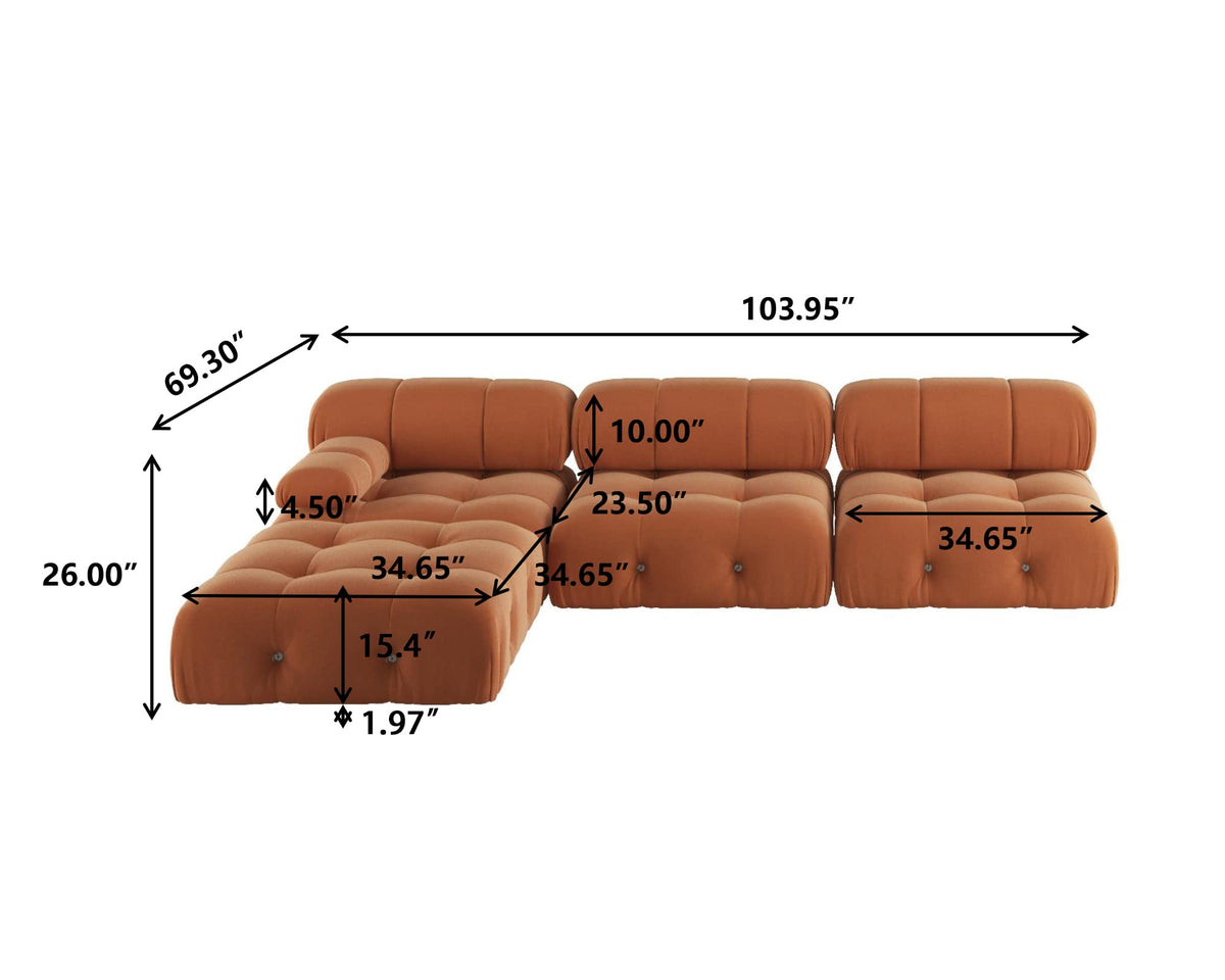 Orange Velvet L Shaped Sectional Sofa with Ottoman X370