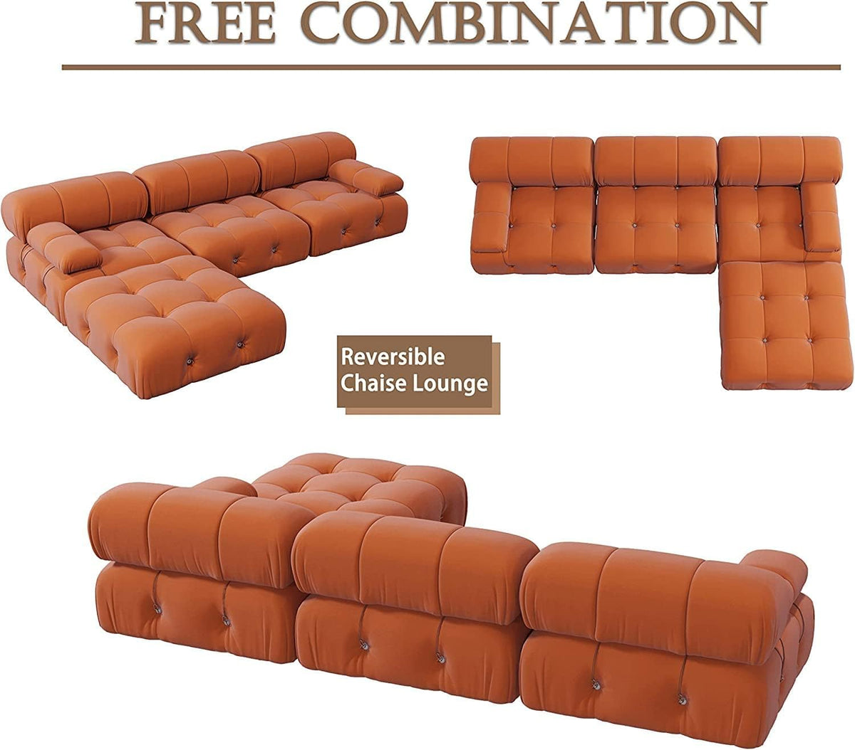 Orange Velvet L Shaped Sectional Sofa with Ottoman X370