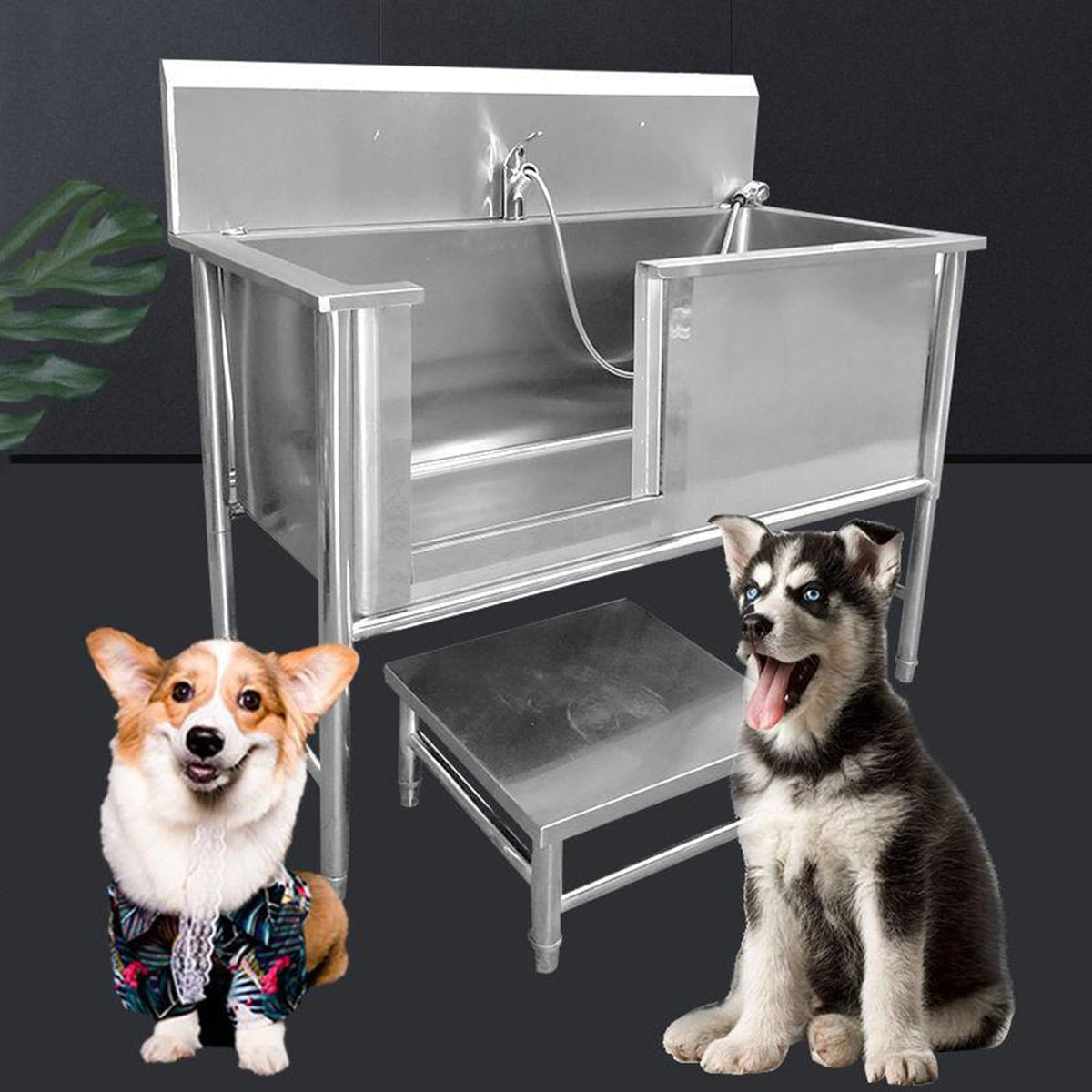 53'' Stainless Steel Pet Grooming Tub with Walk-in Stairs P386071