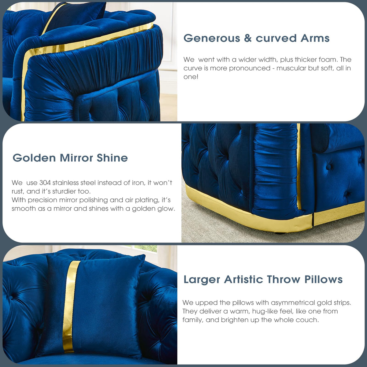 Navy Blue and Gold Velvet Sofa and Loveseat Set with 4 Pillows E1612