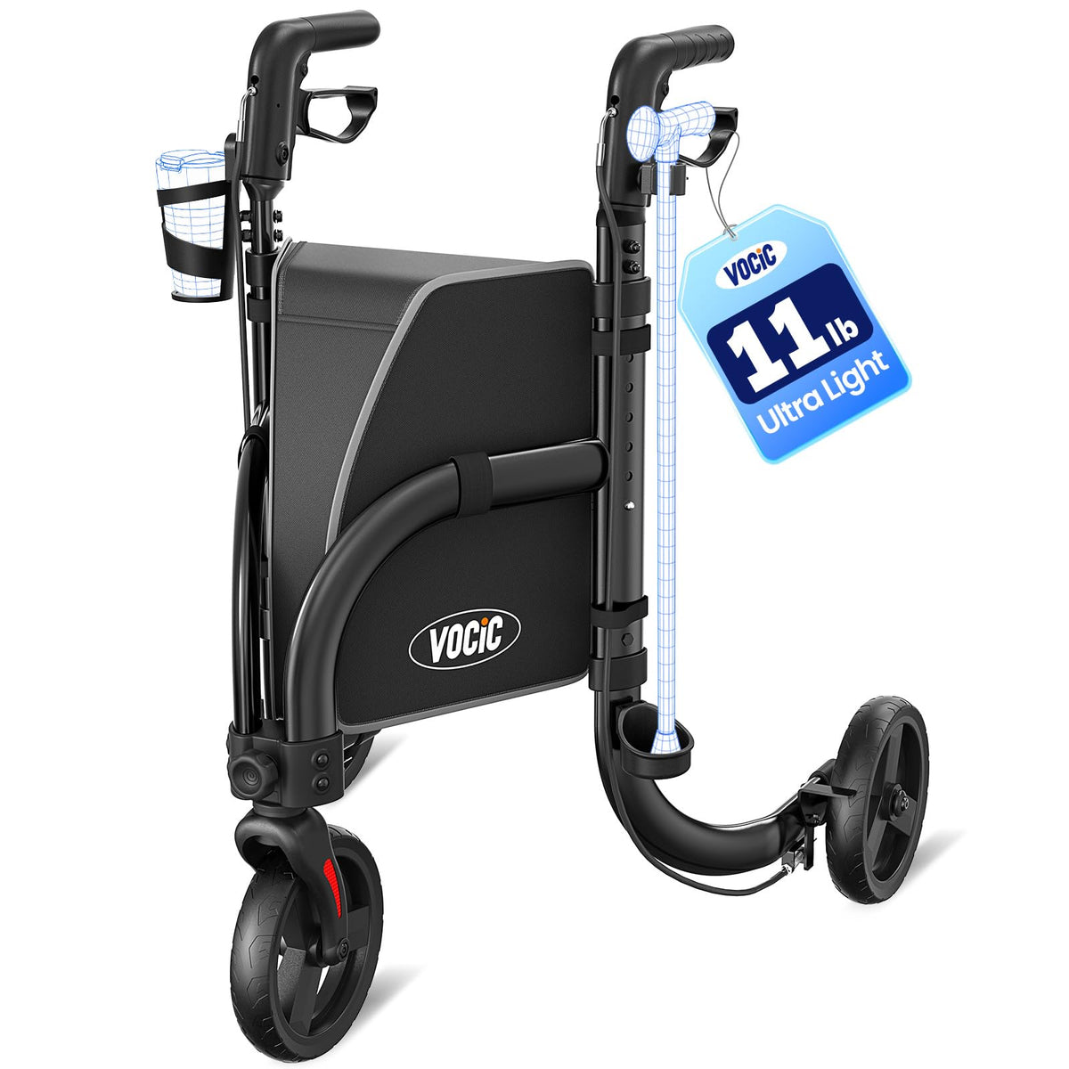 3 Wheel Foldable Rollator with 8" All Terrain Tires R1087