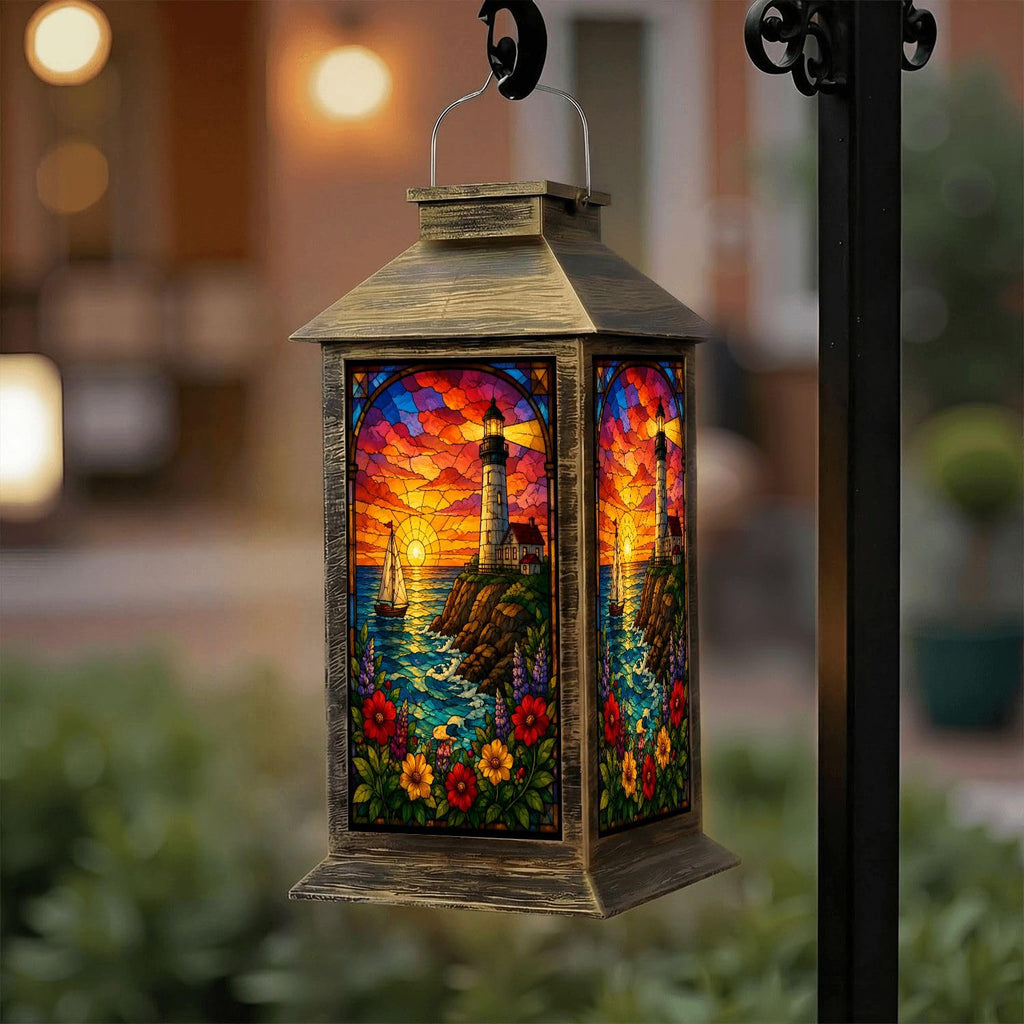 Solar Lantern Outdoor Waterproof Stained Glass Effect LED Hanging Tabletop Lamp P70348