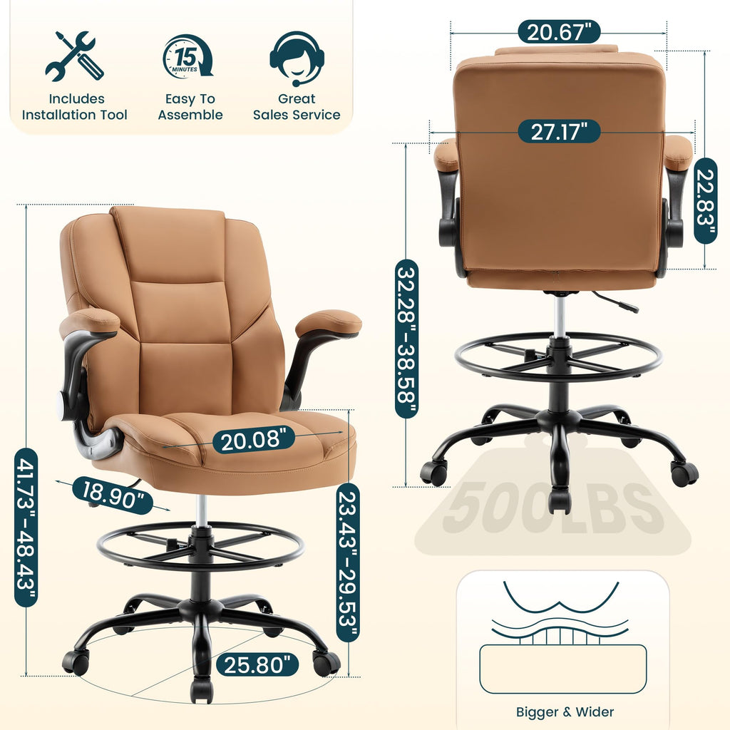 Brown PU Leather Drafting Chair with Flip-up Armrests A91528