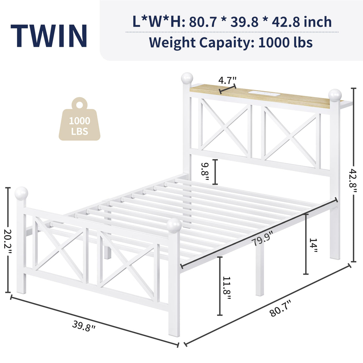 White Twin Bed Frame with Headboard and Footboard H6093