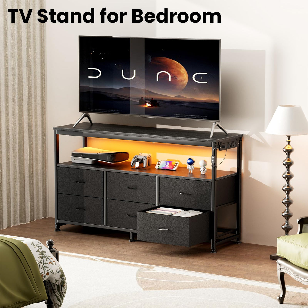 Black Dresser TV Stand with 6 Fabric Drawers S8335