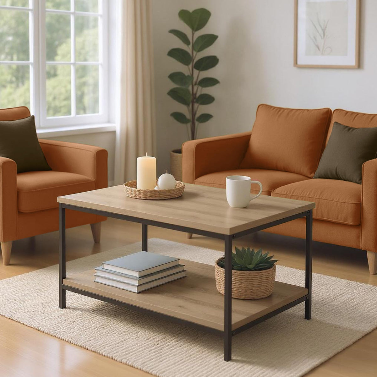 Rectangular Wooden Coffee Table with Bottom Shelf E9195