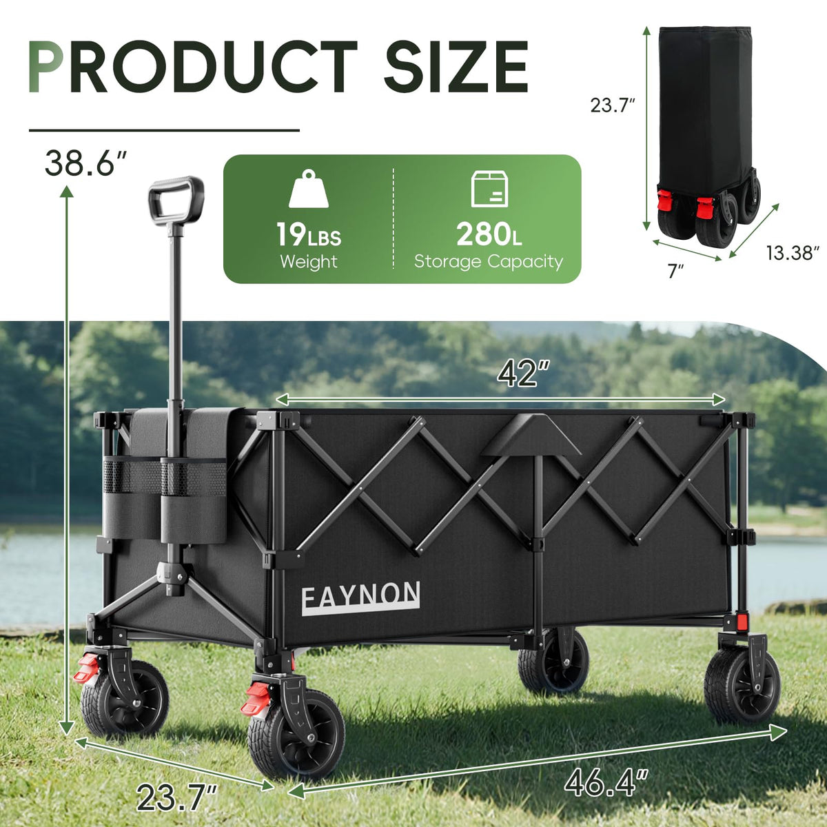 46" Collapsible Foldable Extended Wagon, 500LB Weight Capacity with 280L Heavy Duty Folding Cart, Black F942467