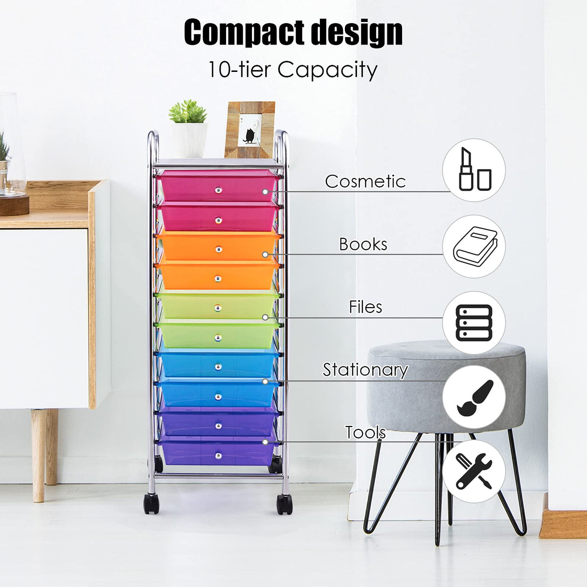 10 Drawer Rolling Storage Cart with Lockable Wheels H469632