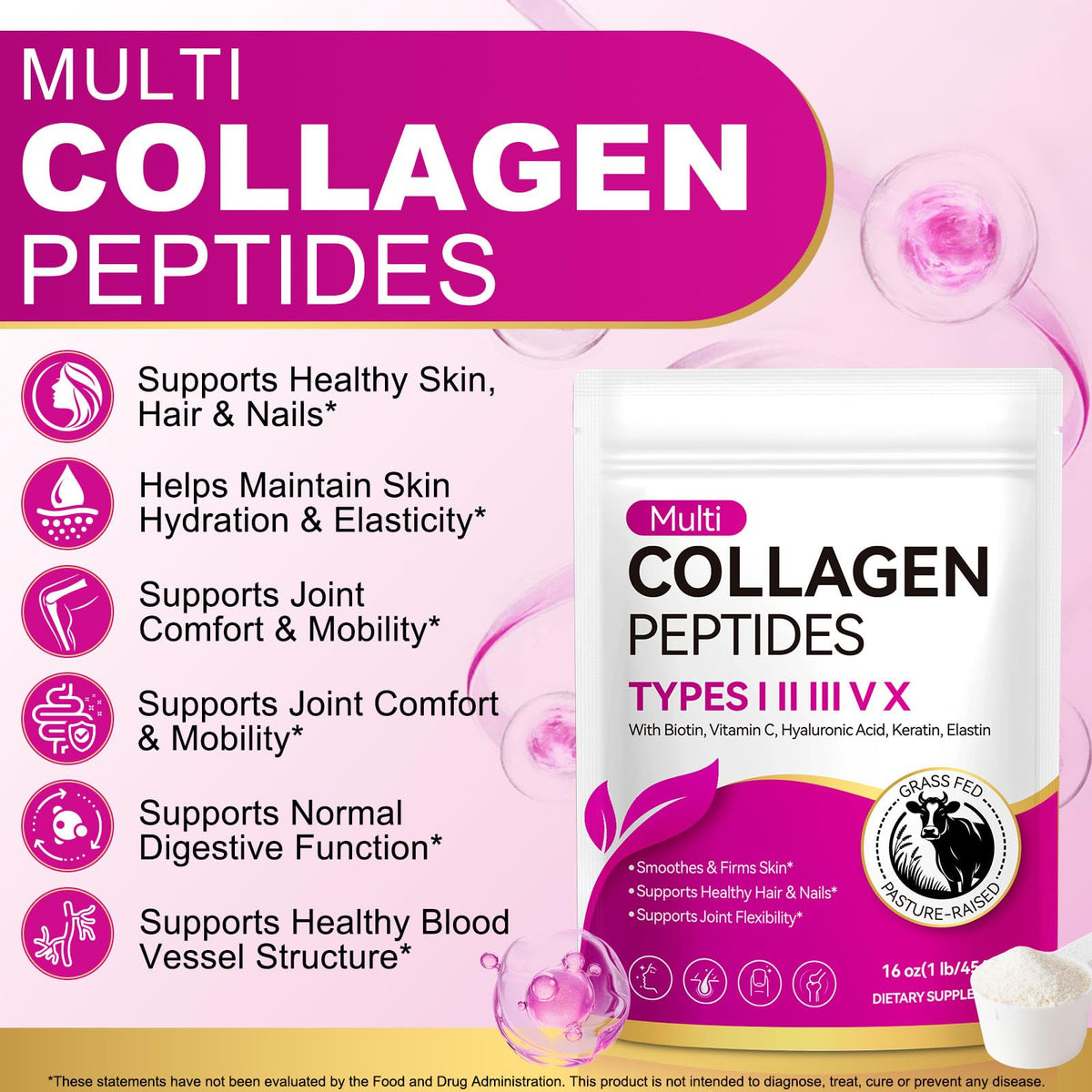 Multi Collagen Peptides Powder Type I II III V X 16oz V79290
