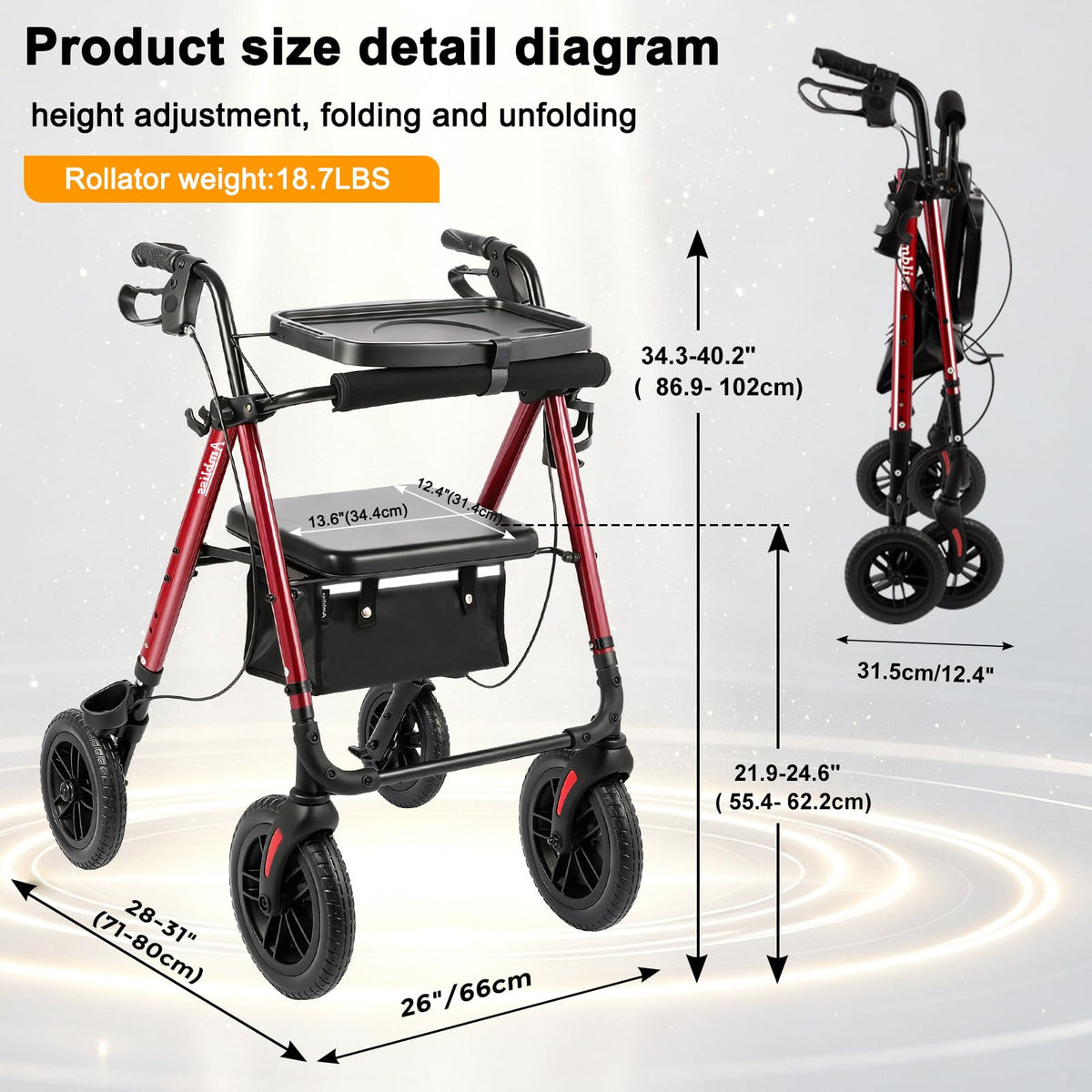 Foldable Rollator Walker with Seat & Tray J7371