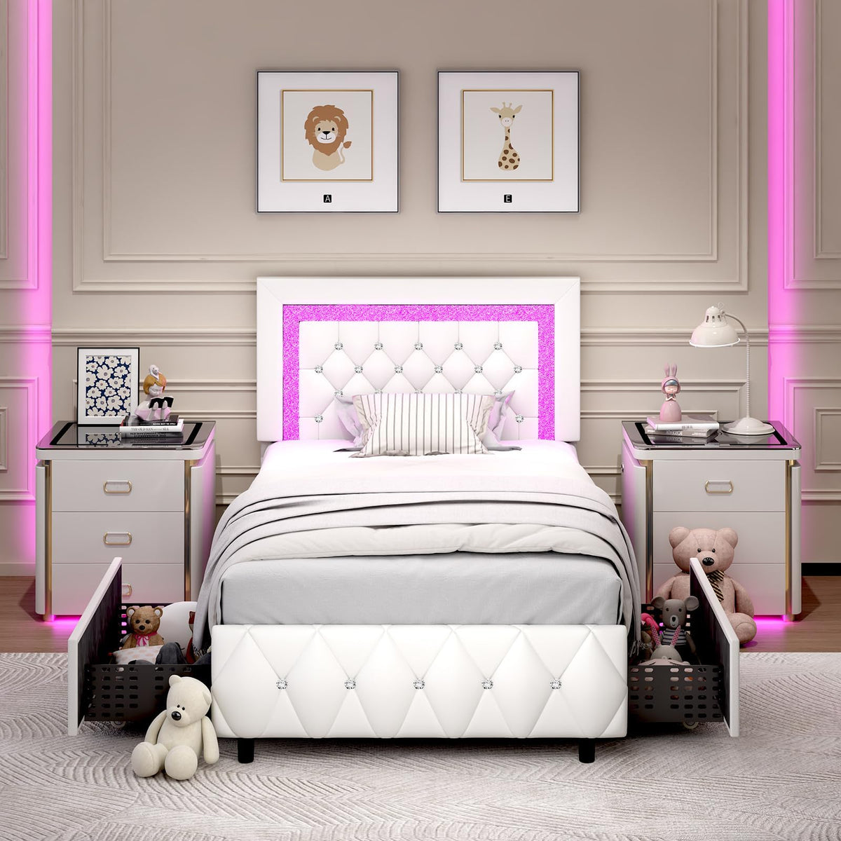 White Twin Bed Frame with Storage Drawers and LED Lights W510