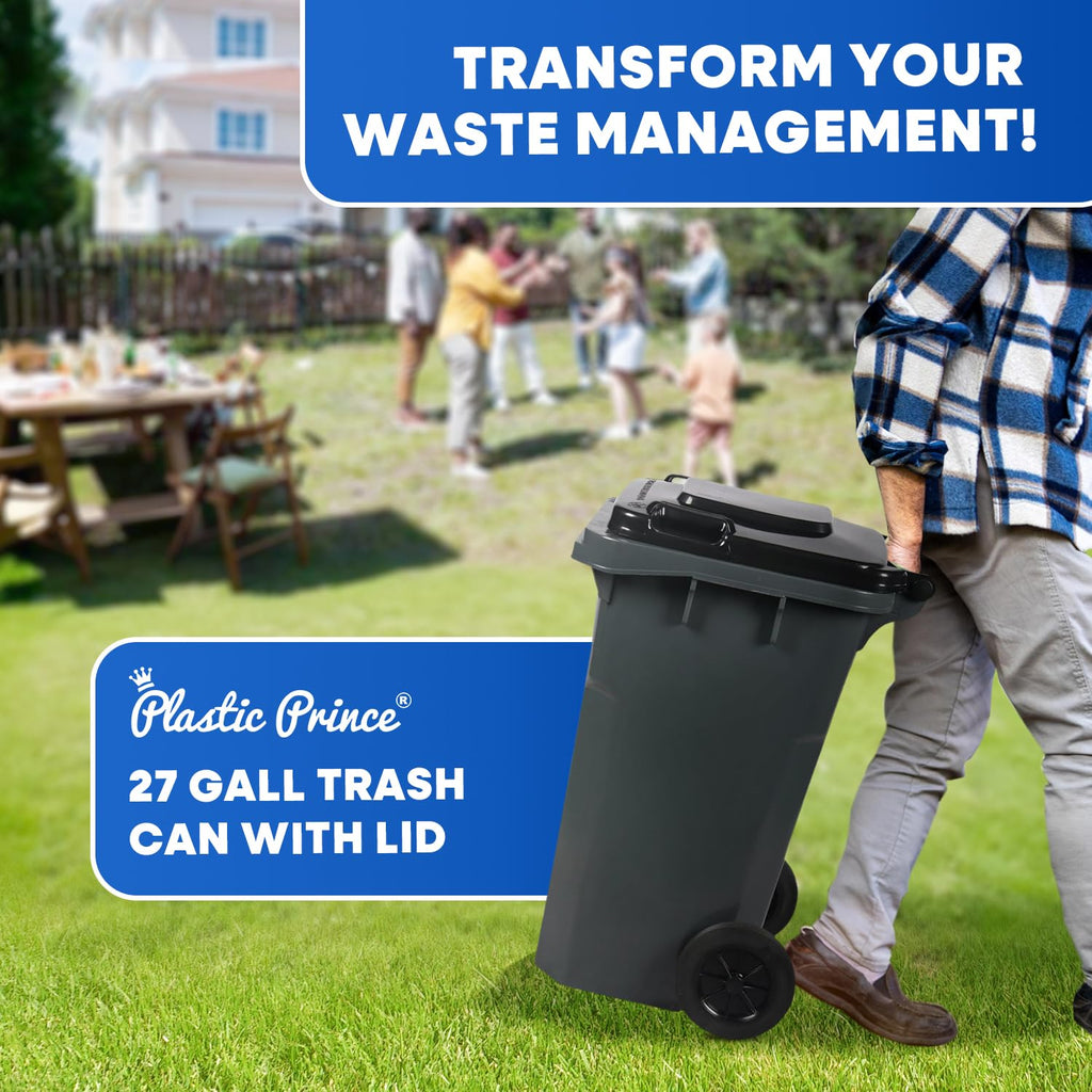 27 Gallon Wheeled Plastic Trash Can with Lid W670