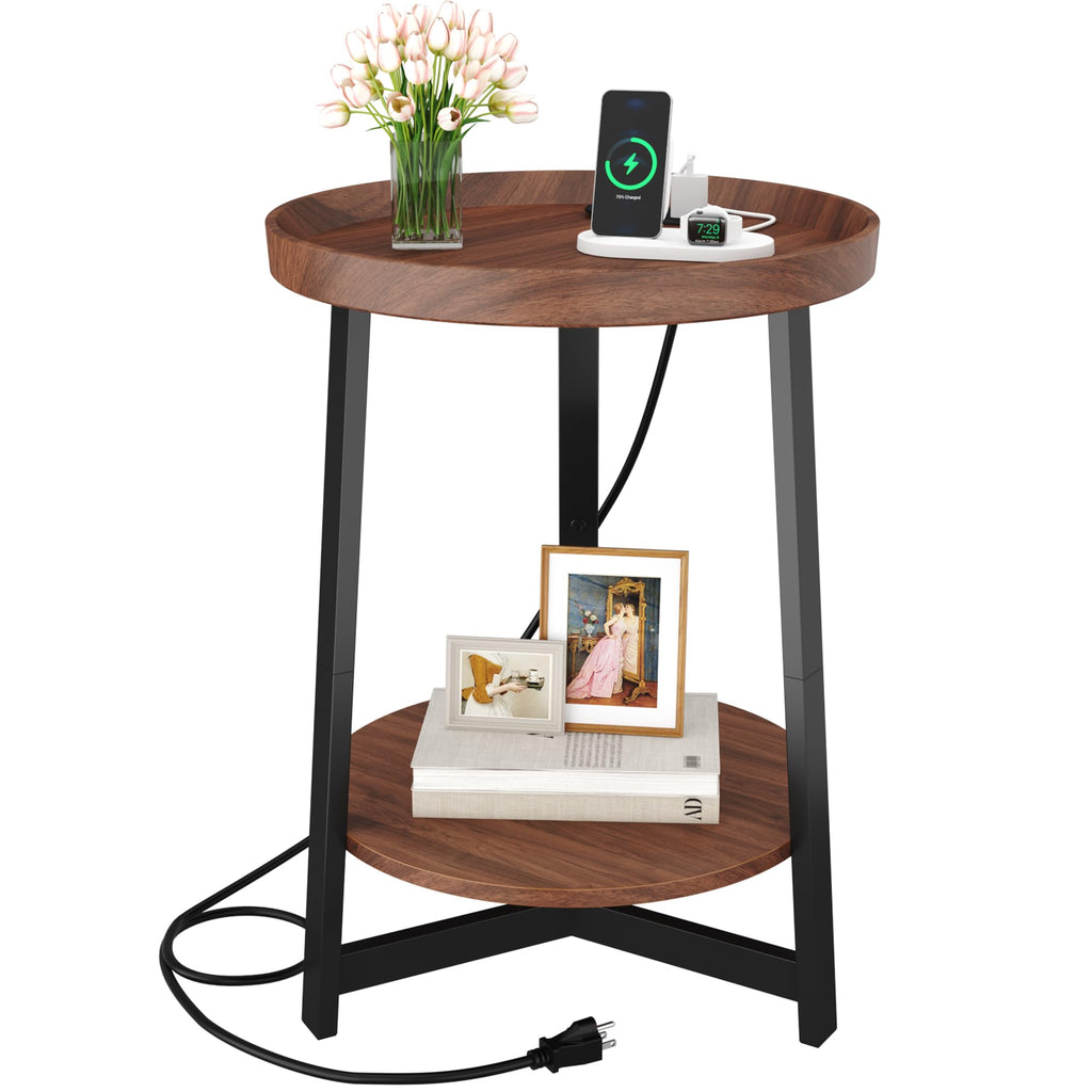 Round Industrial Side Table with Charging Station, 2-Tier Metal Frame M2516