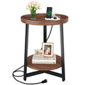Round Industrial Side Table with Charging Station, 2-Tier Metal Frame M2516