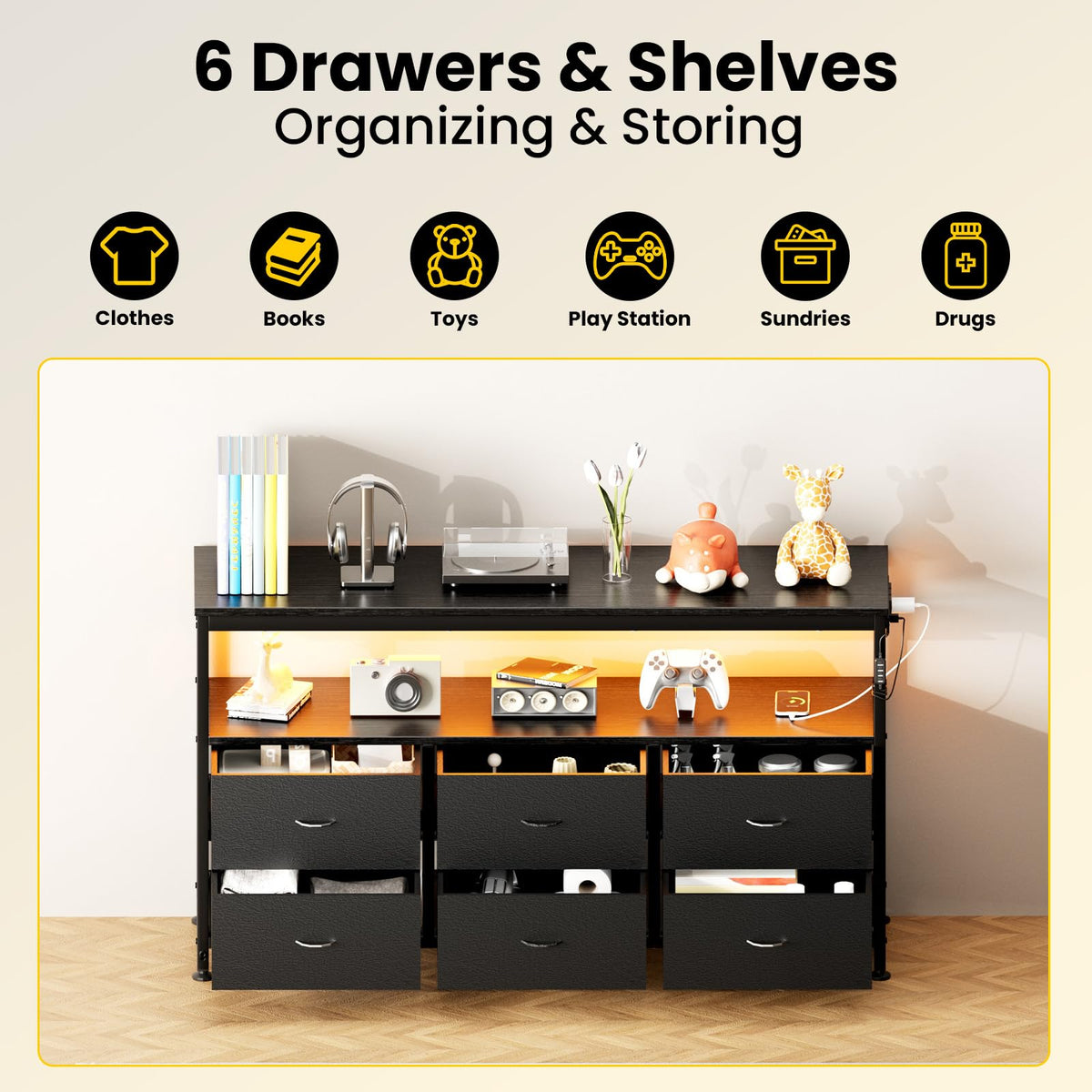Black Dresser TV Stand with 6 Fabric Drawers S8335