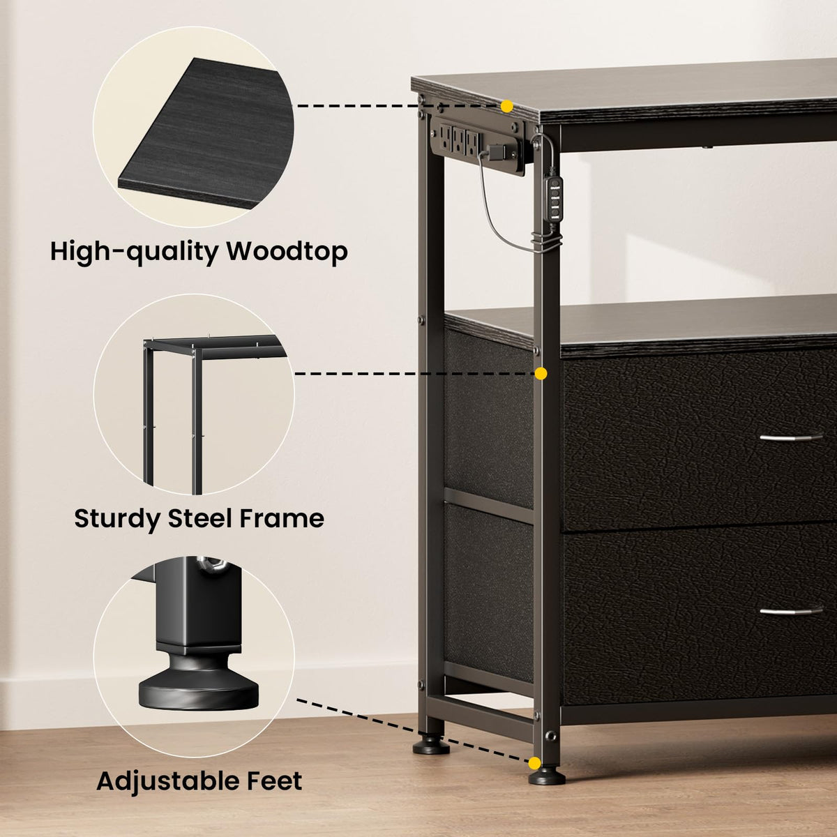 Black Dresser TV Stand with 6 Fabric Drawers S8335