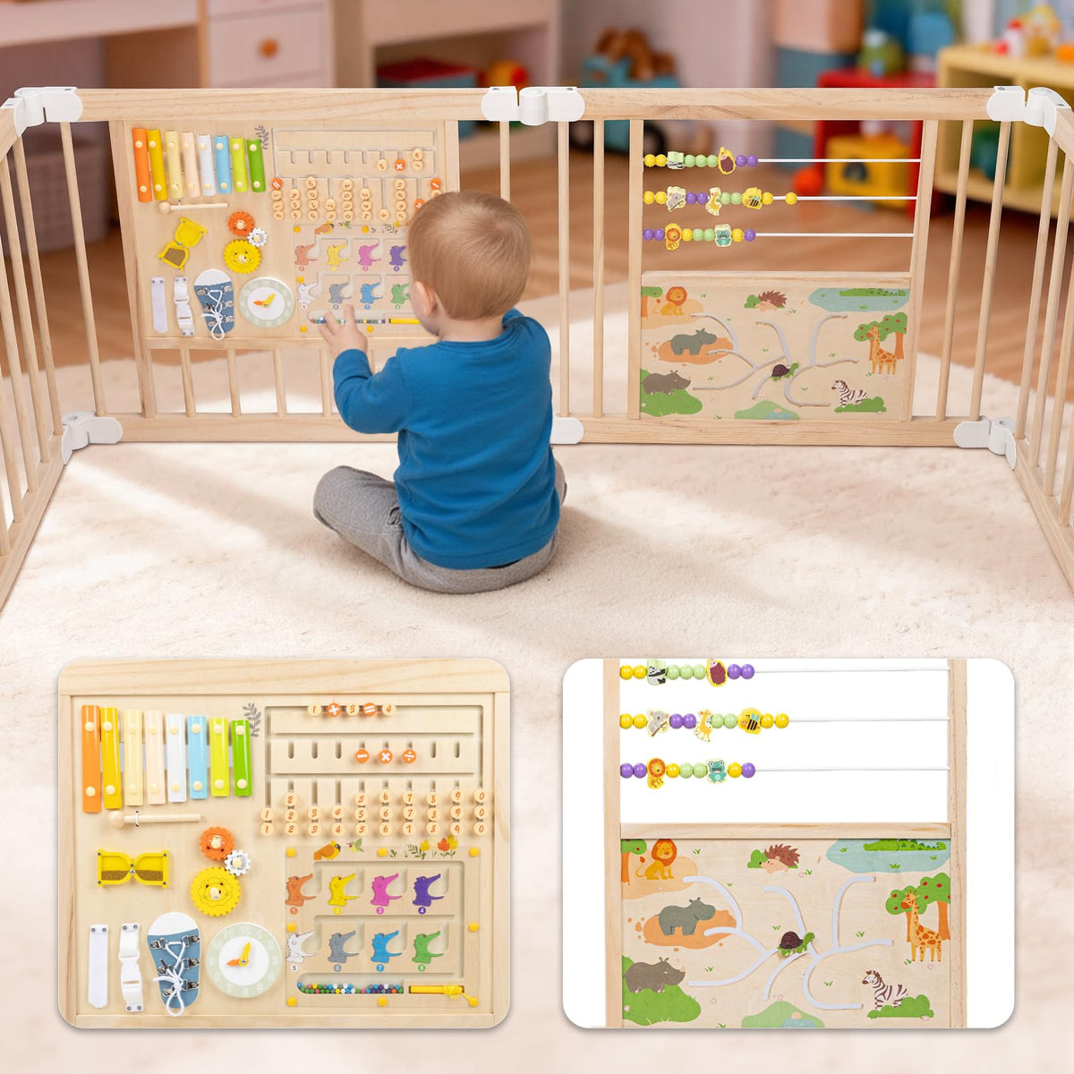 Foldable Wooden Baby Playpen with Toy Set R11493