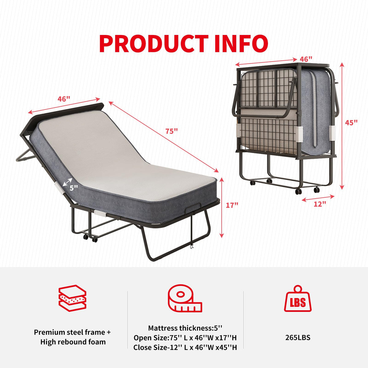 Folding Bed with 5" Memory Foam Mattress and 4 Lockable Wheels F298646