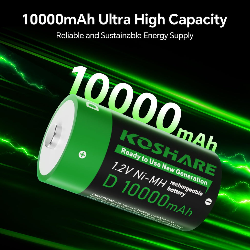 4 Pack 10000mAh Rechargeable NiMH D Cell Batteries with Charger E6402