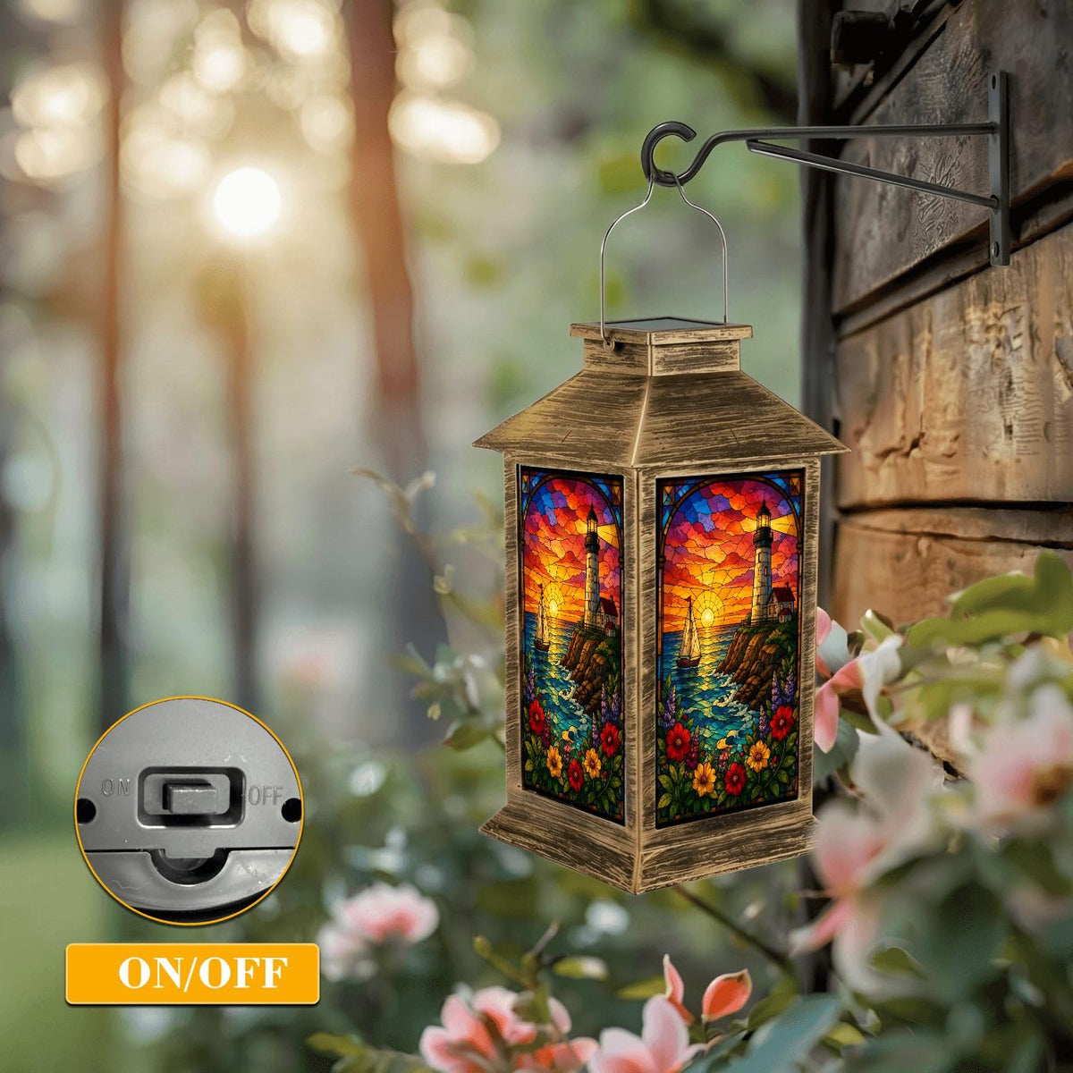 Solar Lantern Outdoor Waterproof Stained Glass Effect LED Hanging Tabletop Lamp P70348