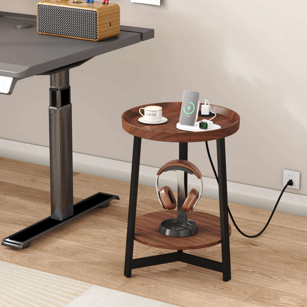 Round Industrial Side Table with Charging Station, 2-Tier Metal Frame M2516