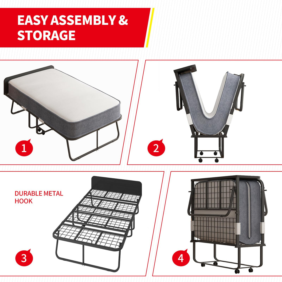 Folding Bed with 5" Memory Foam Mattress and 4 Lockable Wheels F298646
