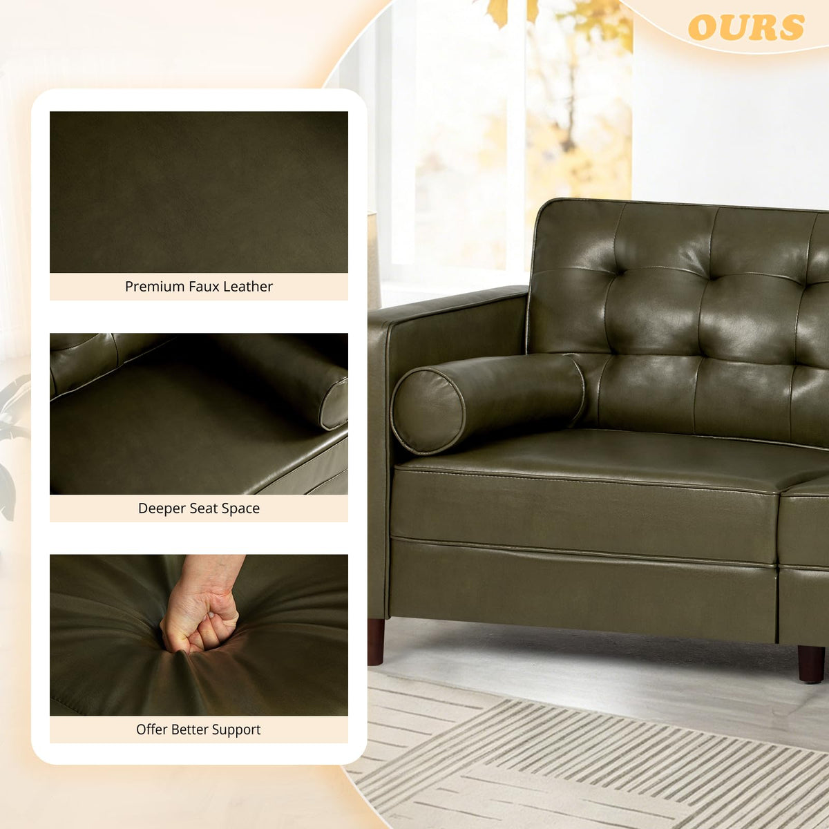 67" Olive Green Faux Leather 2-Seater Sofa with Bolster Pillows N27621