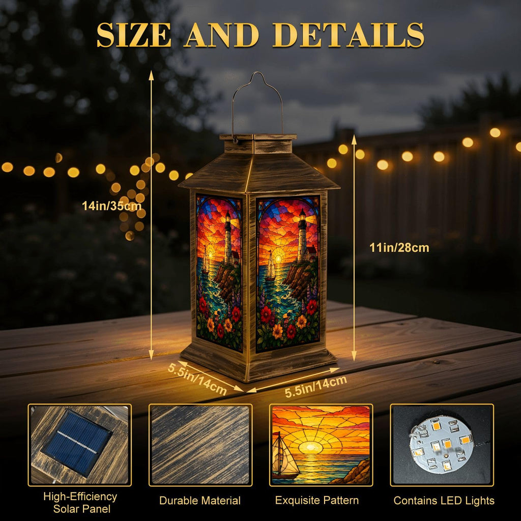 Solar Lantern Outdoor Waterproof Stained Glass Effect LED Hanging Tabletop Lamp P70348