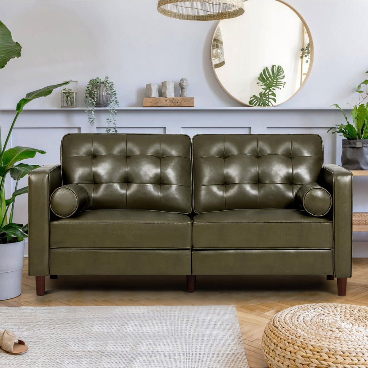 67" Olive Green Faux Leather 2-Seater Sofa with Bolster Pillows N27621
