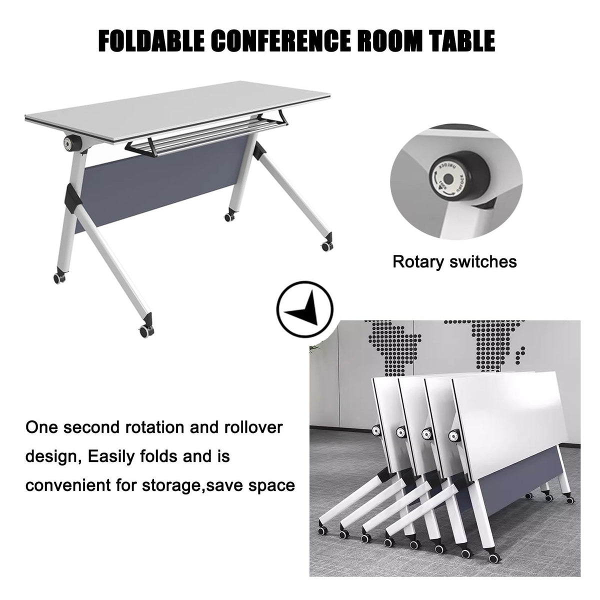 Portable Folding Conference Table with Storage and Wheels R685