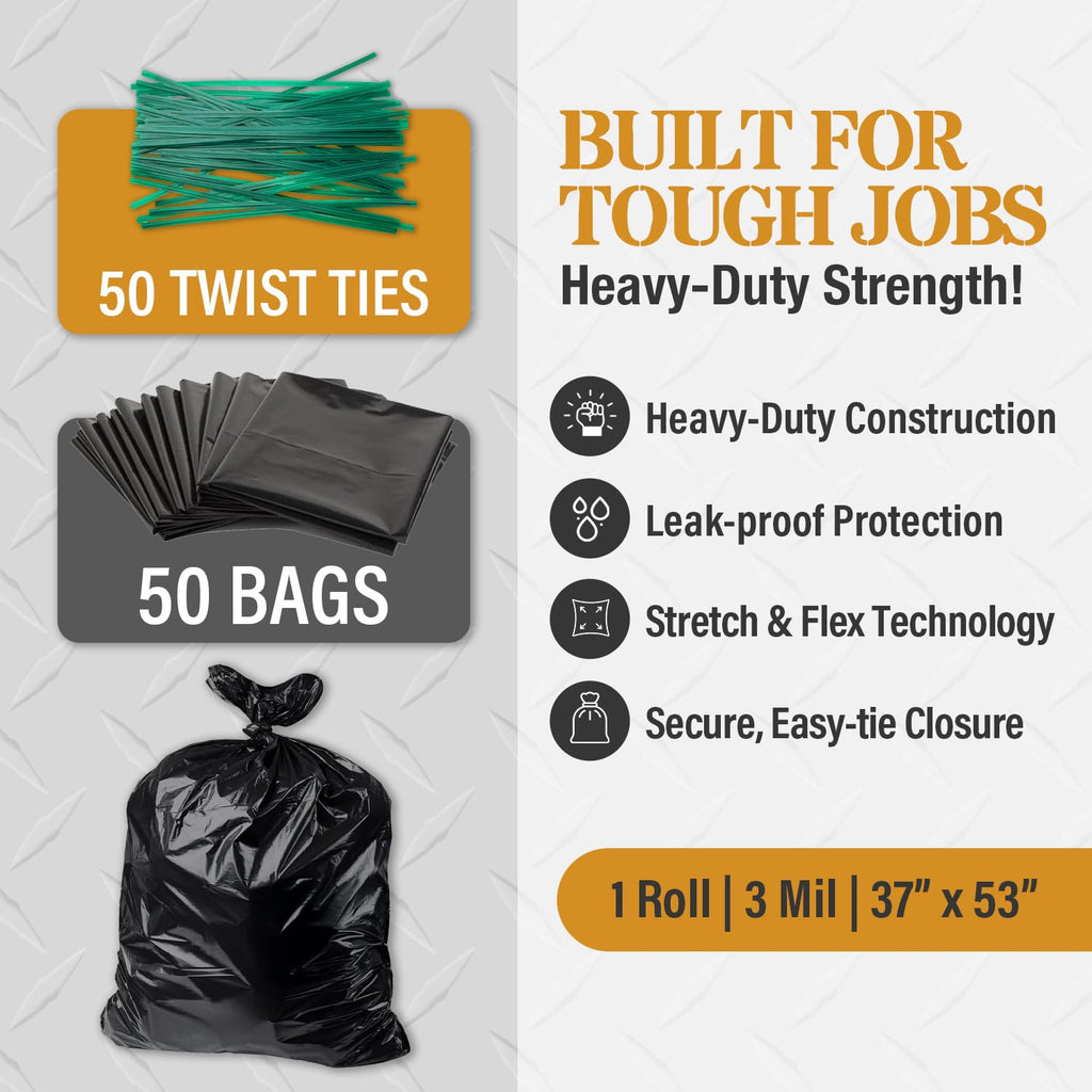 55 Gallon Heavy Duty 3 Mil Black Trash Bags 50 Ct U6876