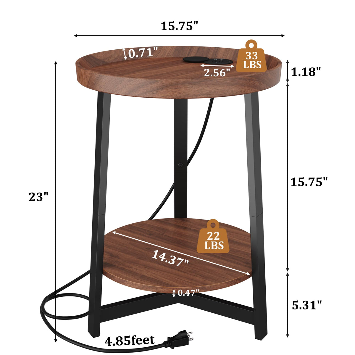 Round Industrial Side Table with Charging Station, 2-Tier Metal Frame M2516