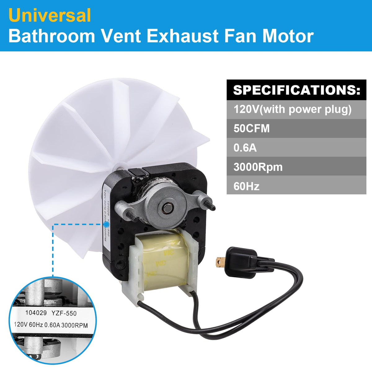 120V 50CFM Bathroom Exhaust Fan Motor with Blower Wheel X545