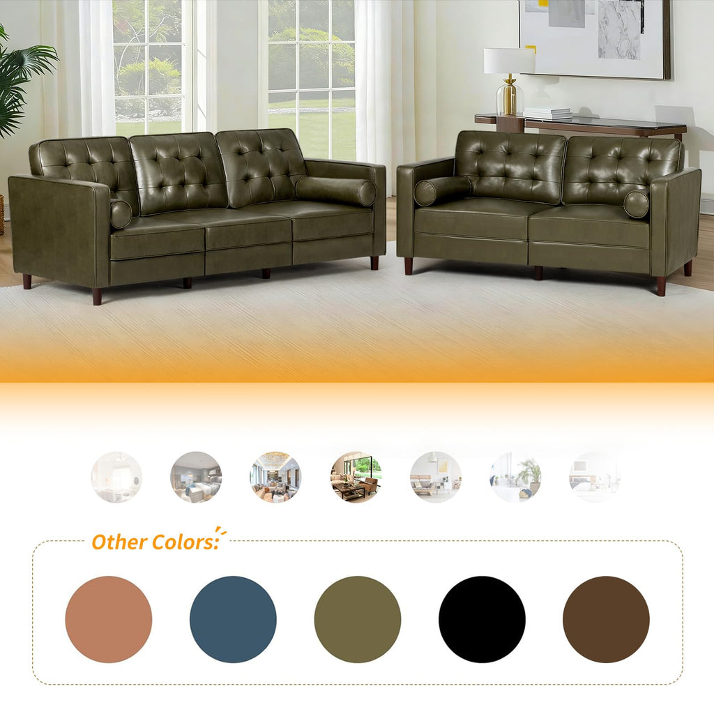 67" Olive Green Faux Leather 2-Seater Sofa with Bolster Pillows N27621