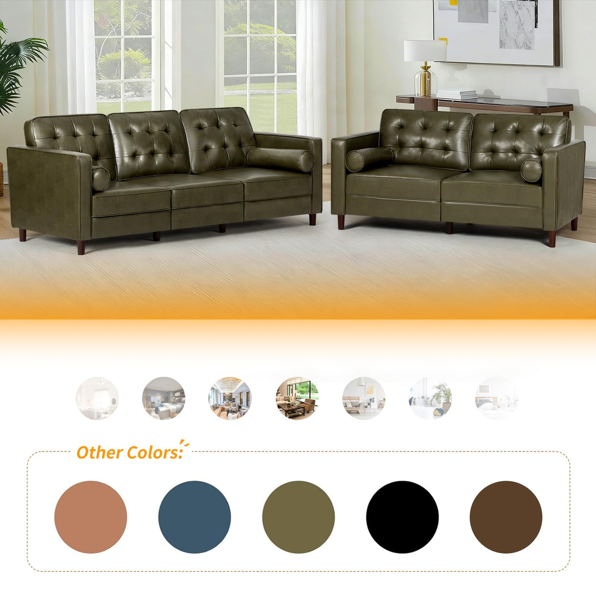 67" Olive Green Faux Leather 2-Seater Sofa with Bolster Pillows N27621