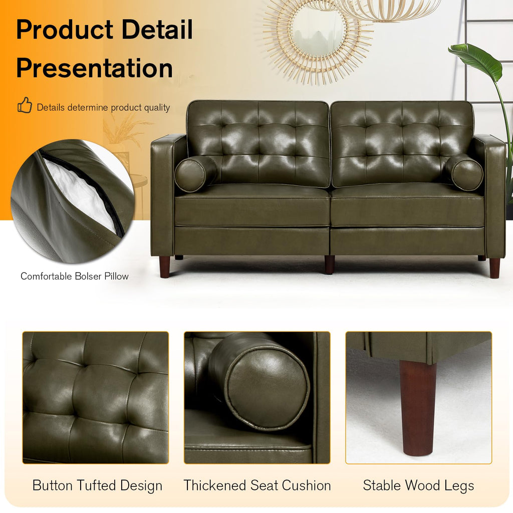 67" Olive Green Faux Leather 2-Seater Sofa with Bolster Pillows N27621