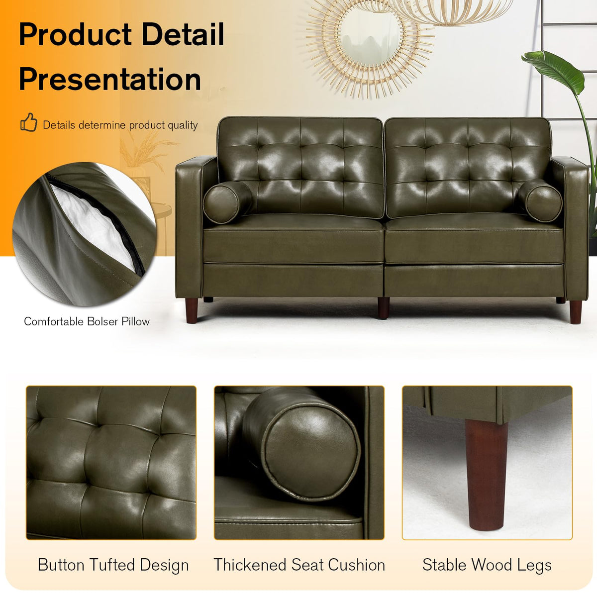 67" Olive Green Faux Leather 2-Seater Sofa with Bolster Pillows N27621