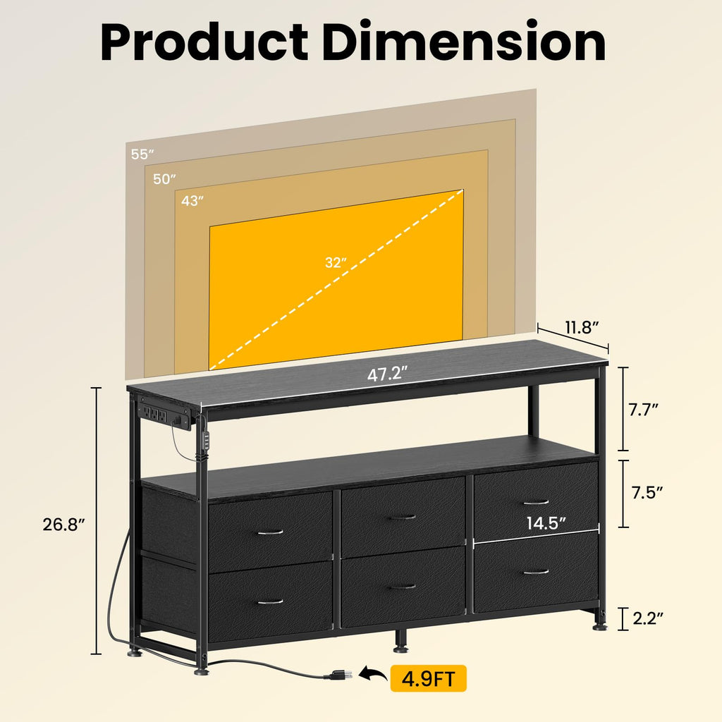 Black Dresser TV Stand with 6 Fabric Drawers S8335