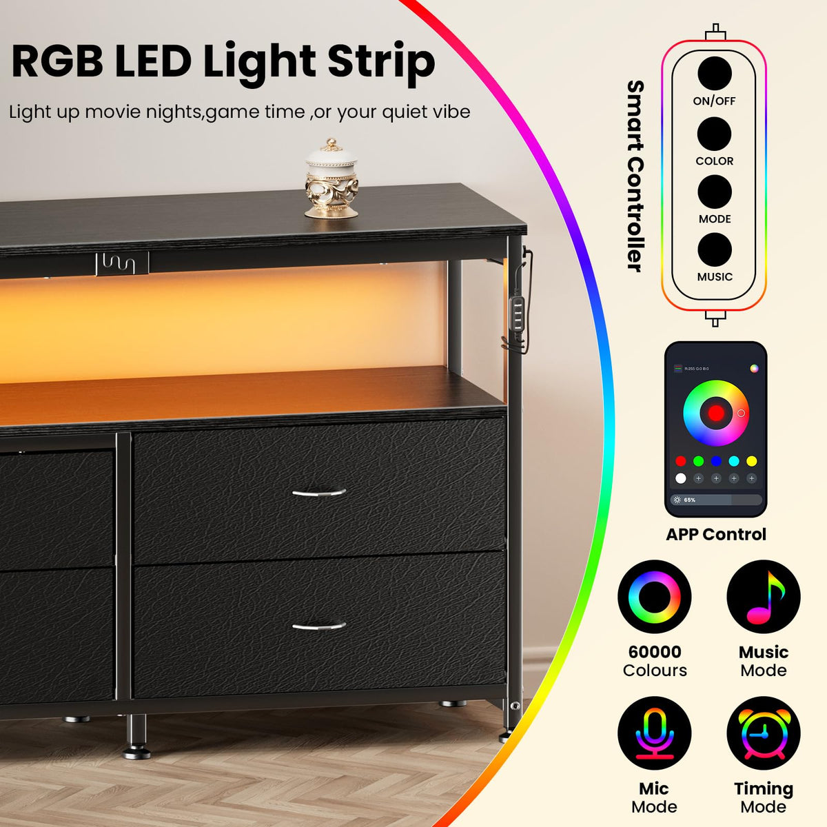 Black Dresser TV Stand with 6 Fabric Drawers S8335