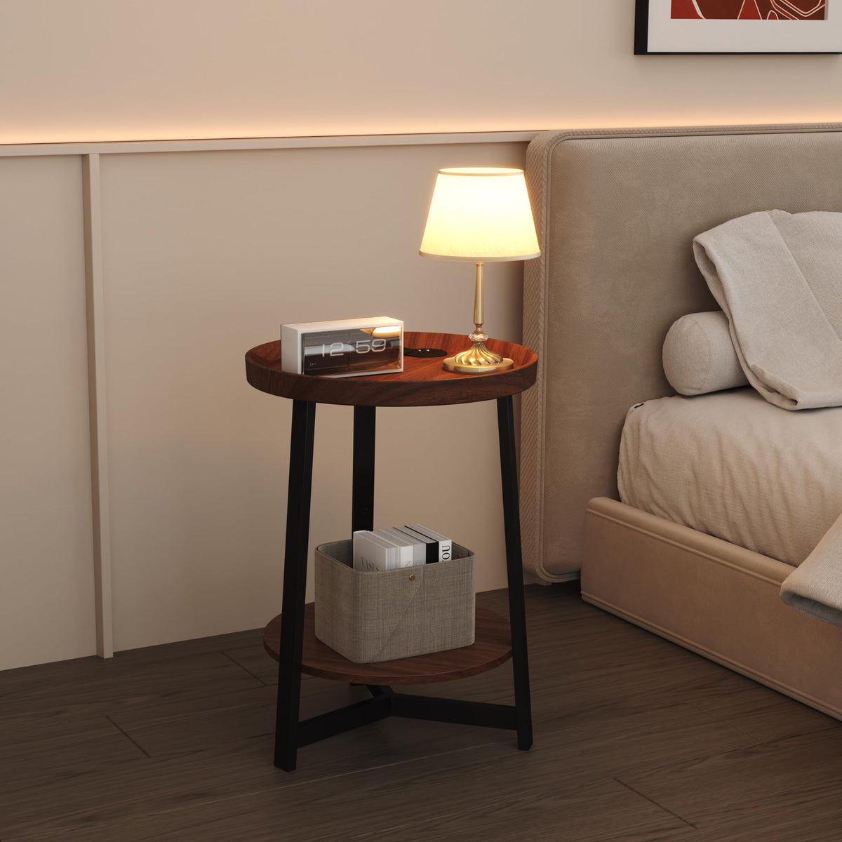 Round Industrial Side Table with Charging Station, 2-Tier Metal Frame M2516